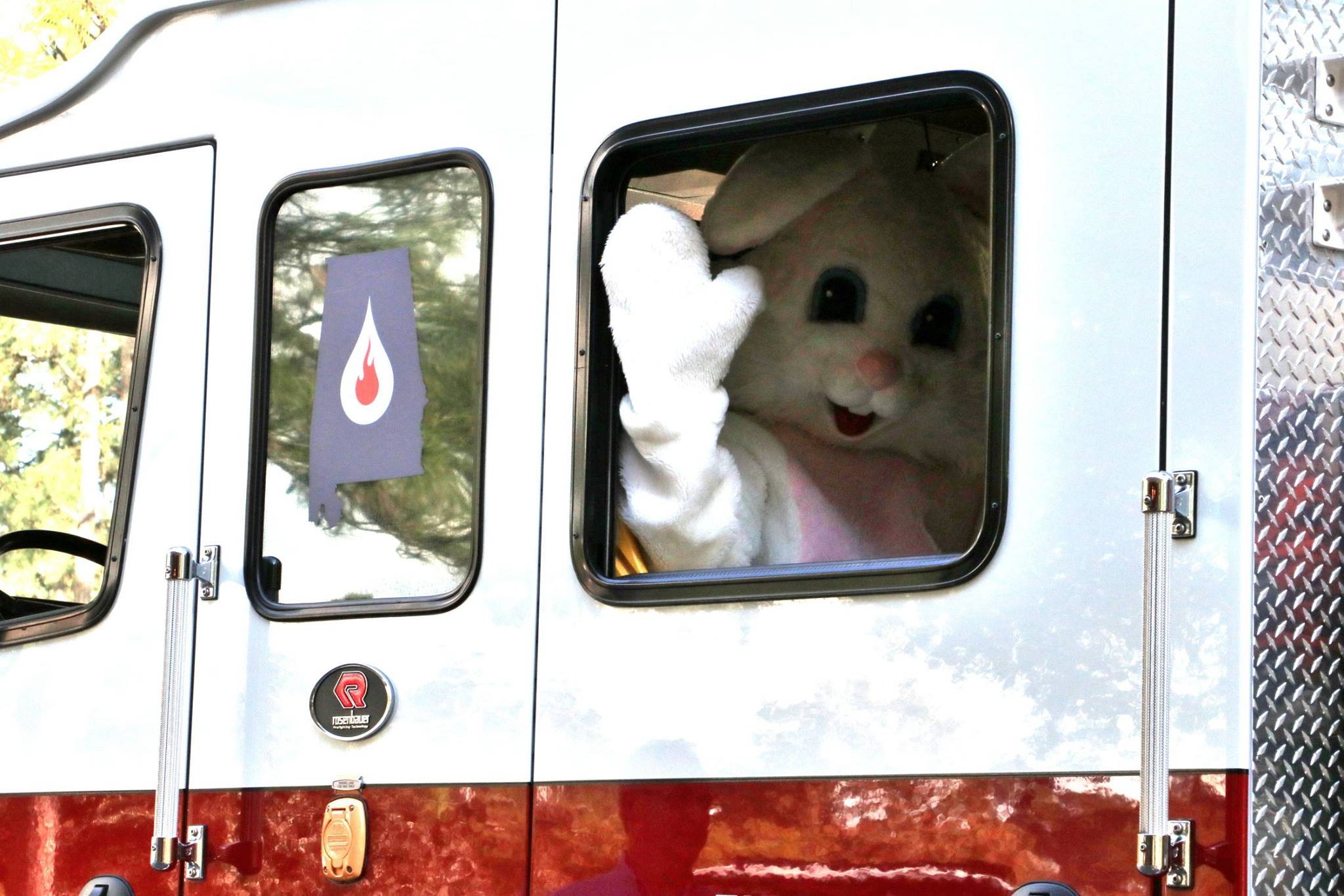 Easter Bunny in the firetruck